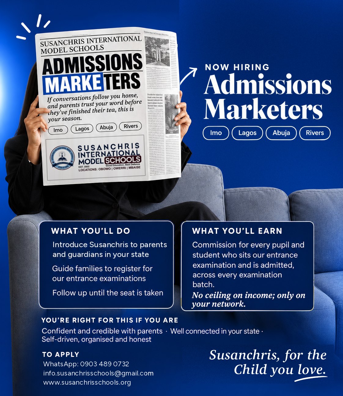 Now Hiring: Admissions Marketers in Imo, Lagos, Abuja and Rivers — Susanchris International Model Schools